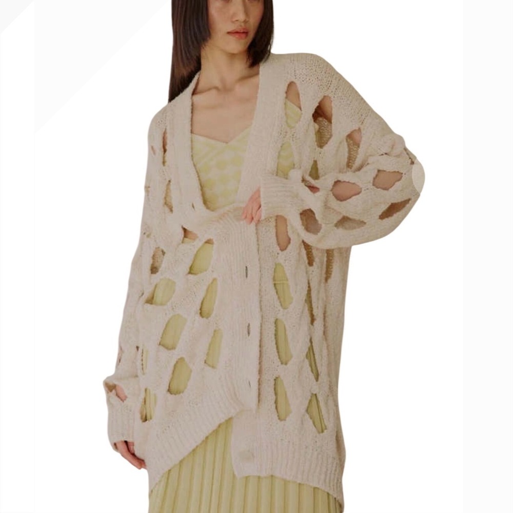 RUS Shokki Cardigan Chalk Off White Open Knit Cutout Oversized Sweater Longline